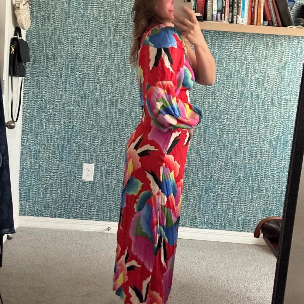 Farm Rio One-Shoulder Slim Floral Red Midi Dress - Picture 4 of 5